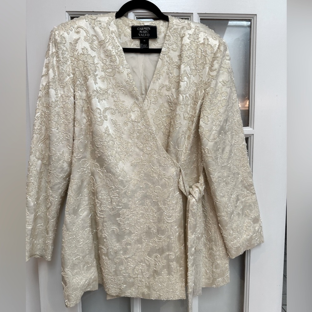 Vintage Carmen Marc Valvo Ivory Cream Lace Sequin Beaded Formal Jacket Size 14 L - Picture 16 of 16